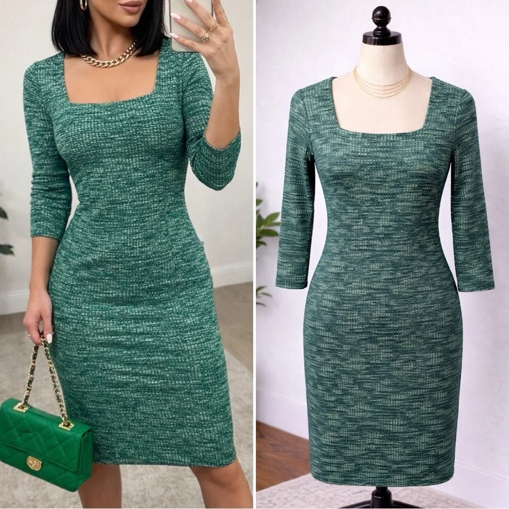 046 Primark | NWOT Turkey Green Textured Knit Square Neck Midi Dress (Size 8) - Picture 1 of 9
